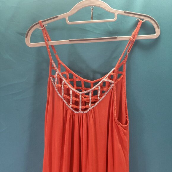 Sleeveless Orange Maxi Dress With Lattice Neckline By Skemo Size M 100% Rayon - Picture 2 of 11